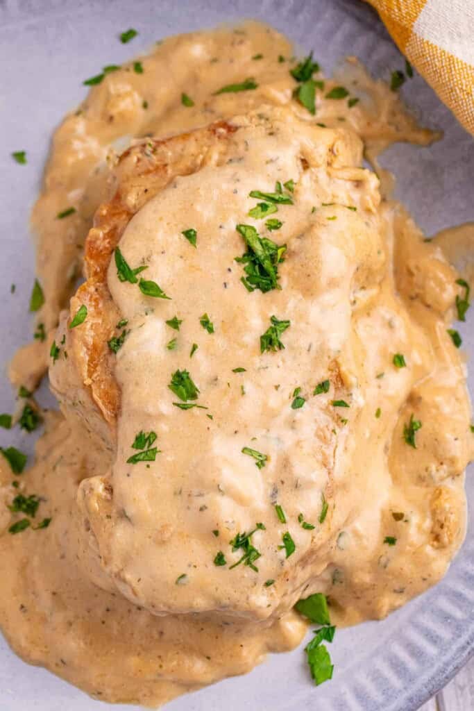 Overhead view of Ranch Pork Chops with Mushroom Sauce.