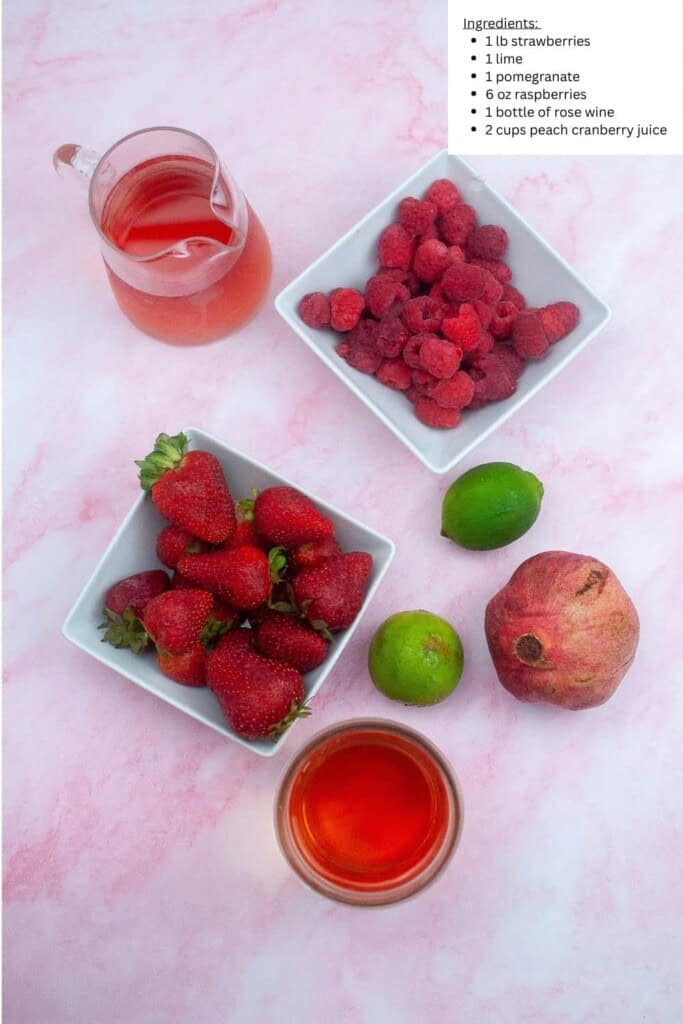 Overhead view of Valentine Sangria Cocktail ingredients.