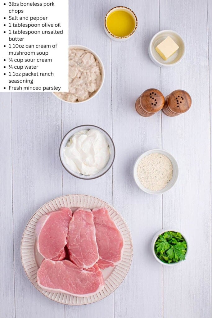 Overhead view of Ranch Mushroom Pork Chop Ingredients.