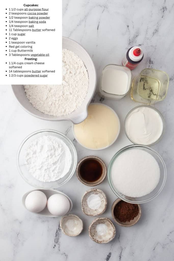 Overhead view of red velvet cupcake ingredients.