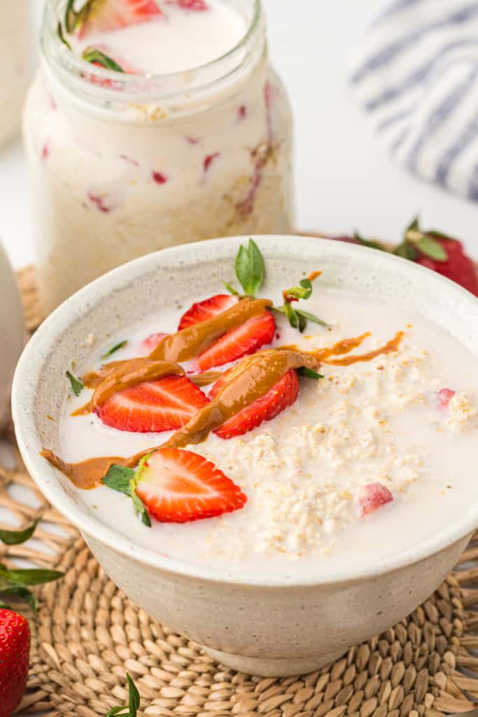 Overnight oats with strawberries in a bowl.