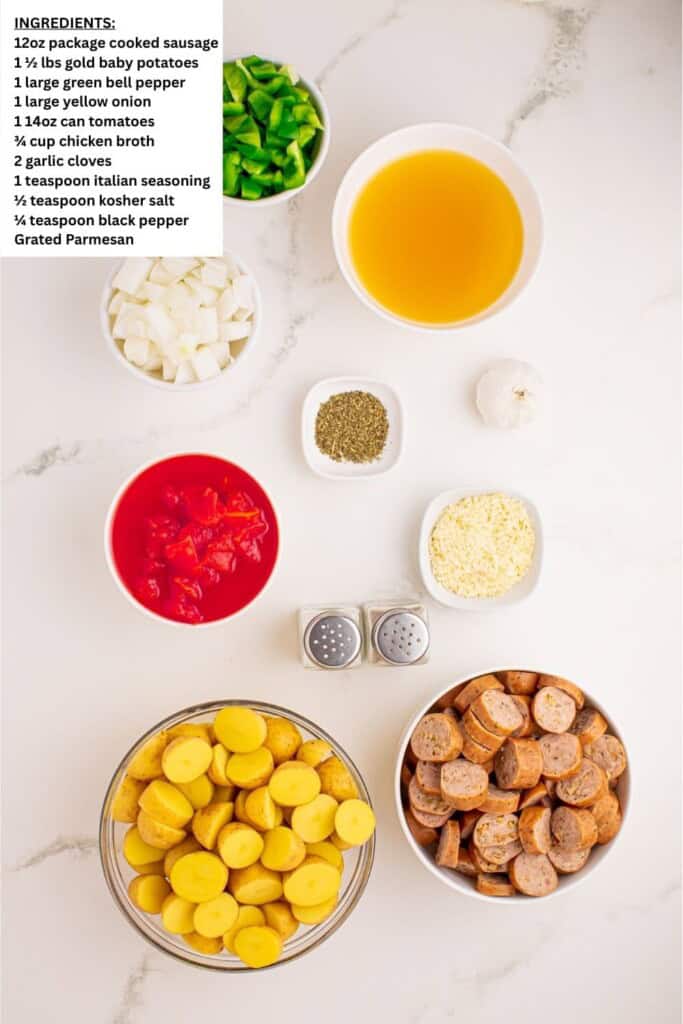 Overhead view of ingredients for Crockpot Sausage and Potatoes.