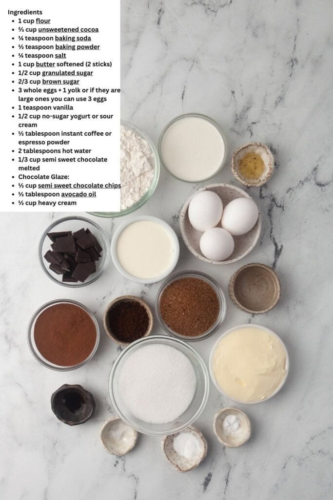 Overhead view of ingredients for chocolate pound cake.