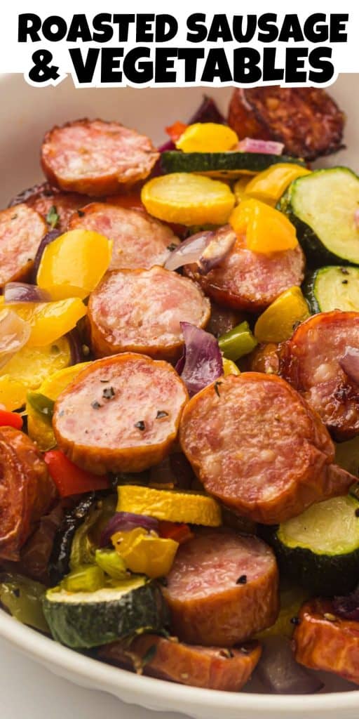 Oven roasted sausage and peppers pin.
