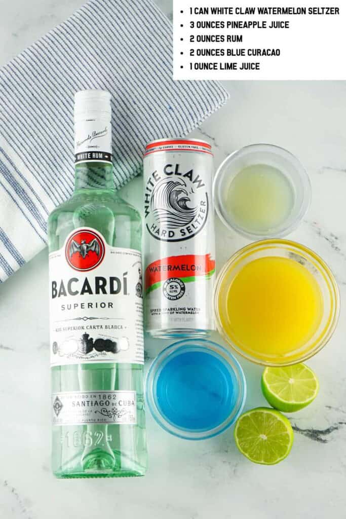 Overhead view of Tipsy Mermaid Cocktail Ingredients.