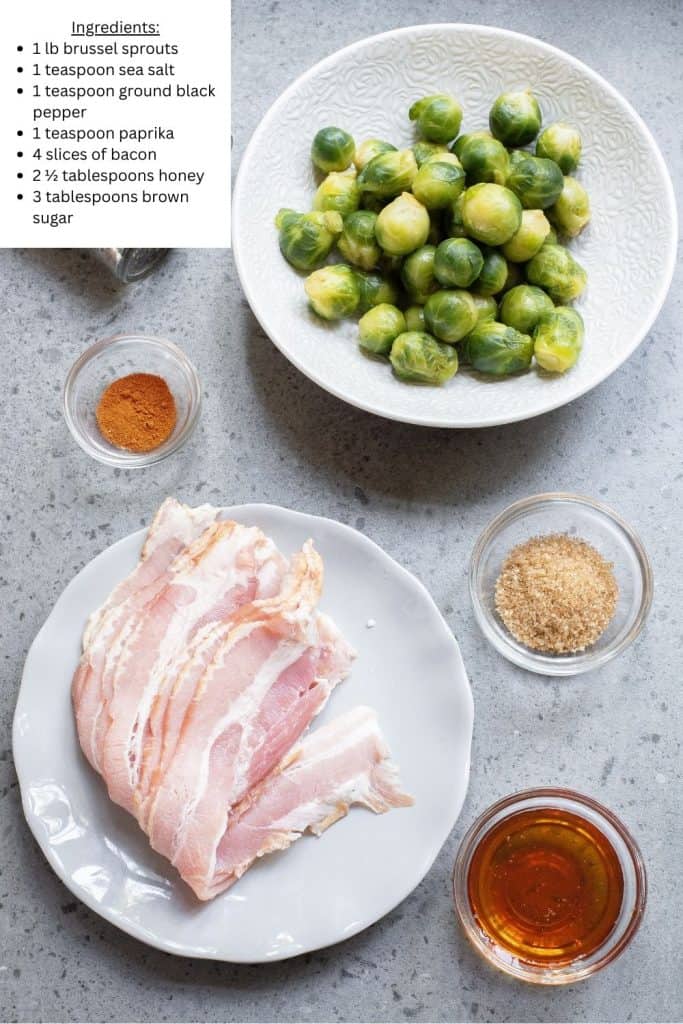 Overhead view of bacon wrapped Brussels sprouts ingredients.