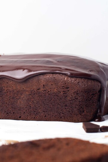 Head on view of chocolate pound cake with chocolate ganache frosting.