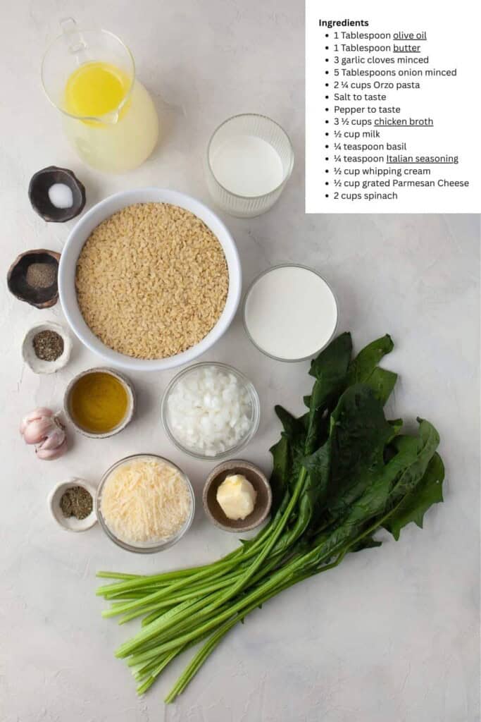 Overhead view of ingredients for spinach parm orzo pasta.
