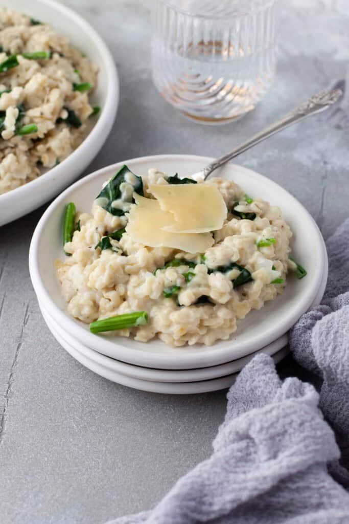 orzo parm spinach pasta in small white bow
