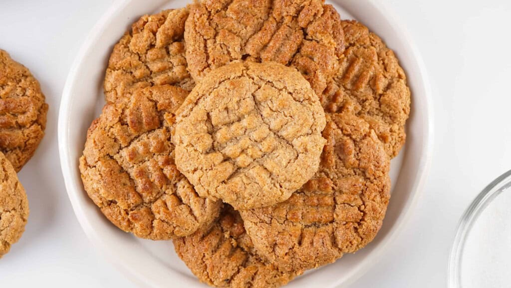 Overhead view of almond butter cookies.
