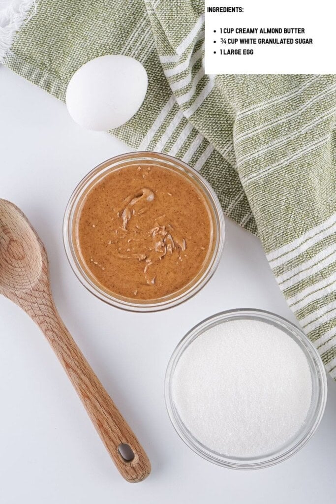 Overhead view of Almond Butter Cookie Ingredients.
