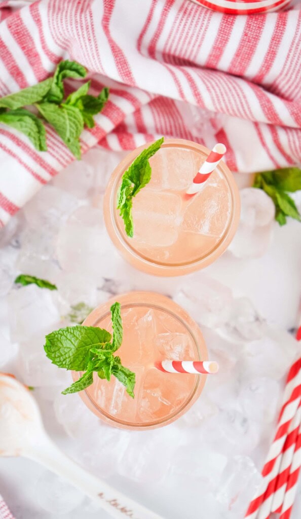 Overhead view of strawberry jam seltzers.