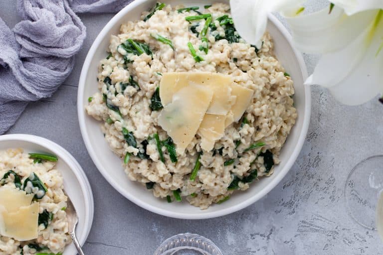 Overhead view of spinach parmesan orzo pasta.