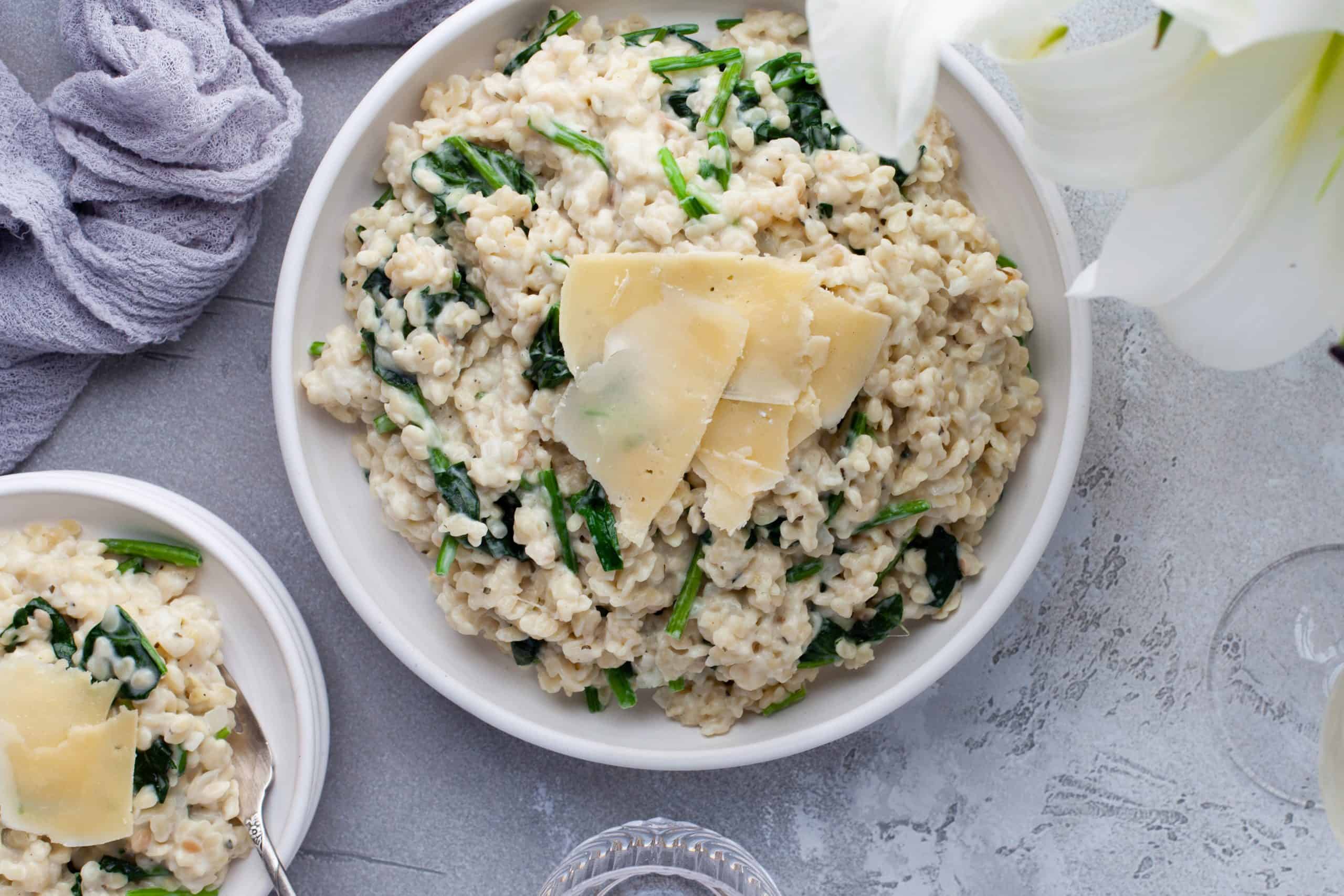 Overhead view of spinach parmesan orzo pasta.
