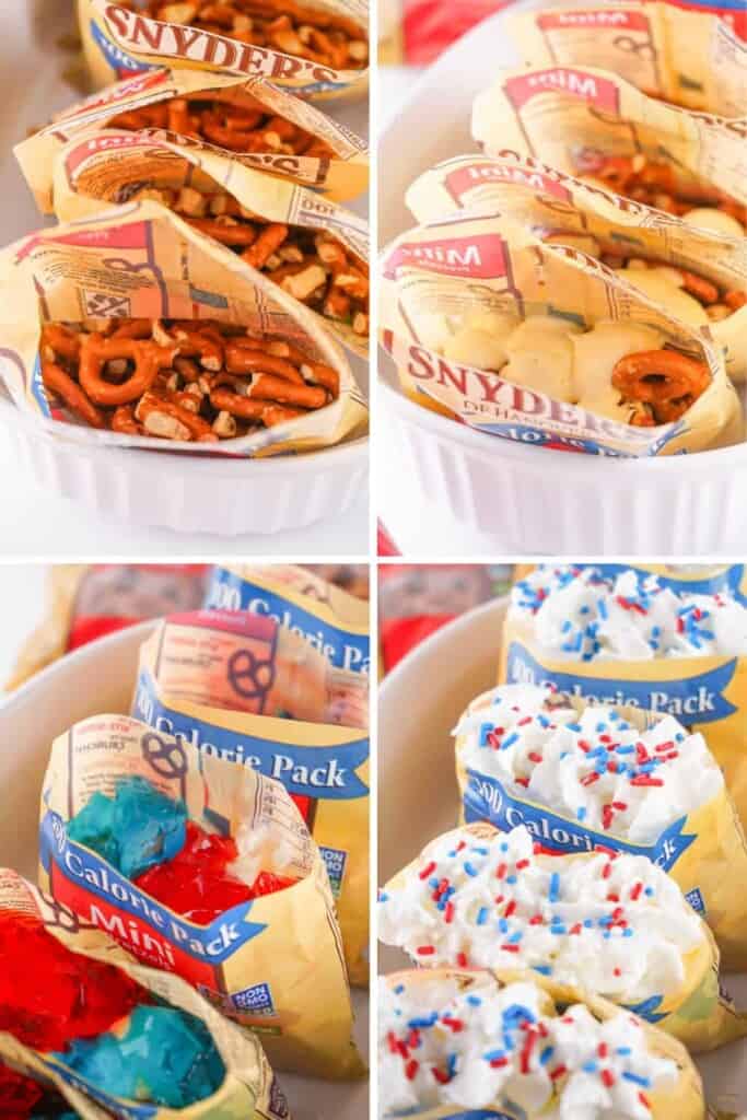 Overhead view of steps for Patriotic Walking Jello Salad.