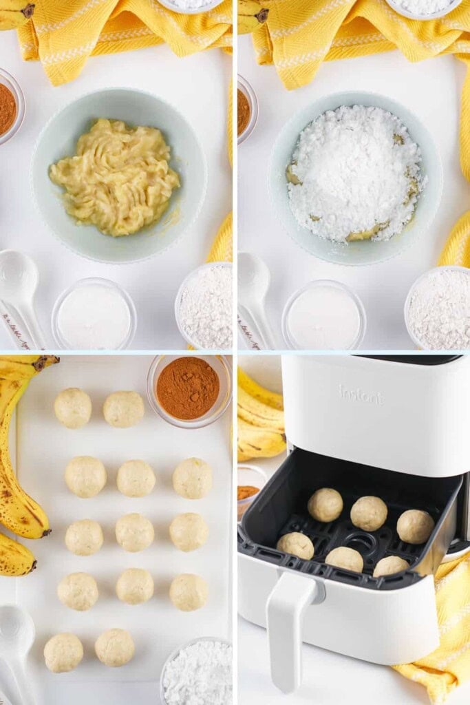 Overhead view of steps to make air fryer banana donut holes.
