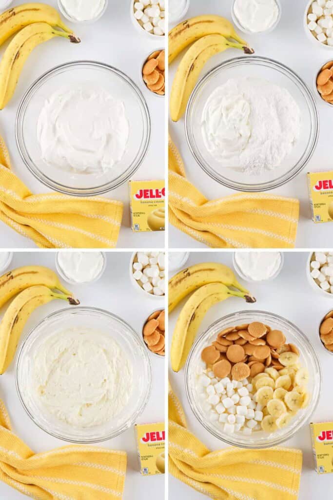 Overhead view of steps for making banana fluff salad.