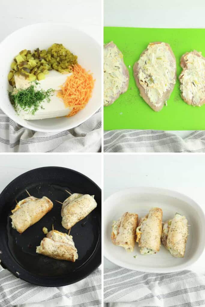 Steps to make cream cheese stuffed pickle chicken.