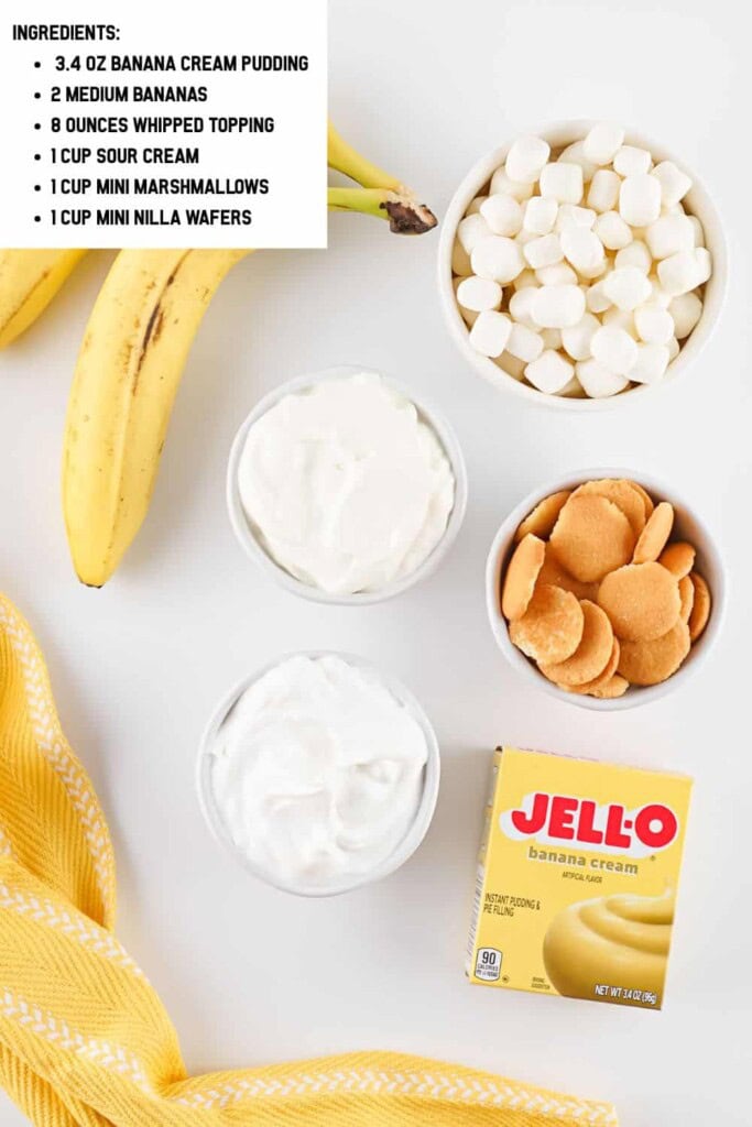 Overhead view of ingredients for Banana Fluff Salad.