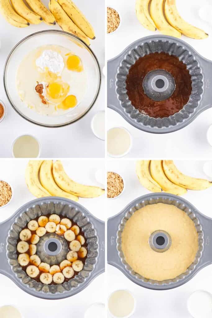 Overhead view of steps to make Upside Down Banana Cake.