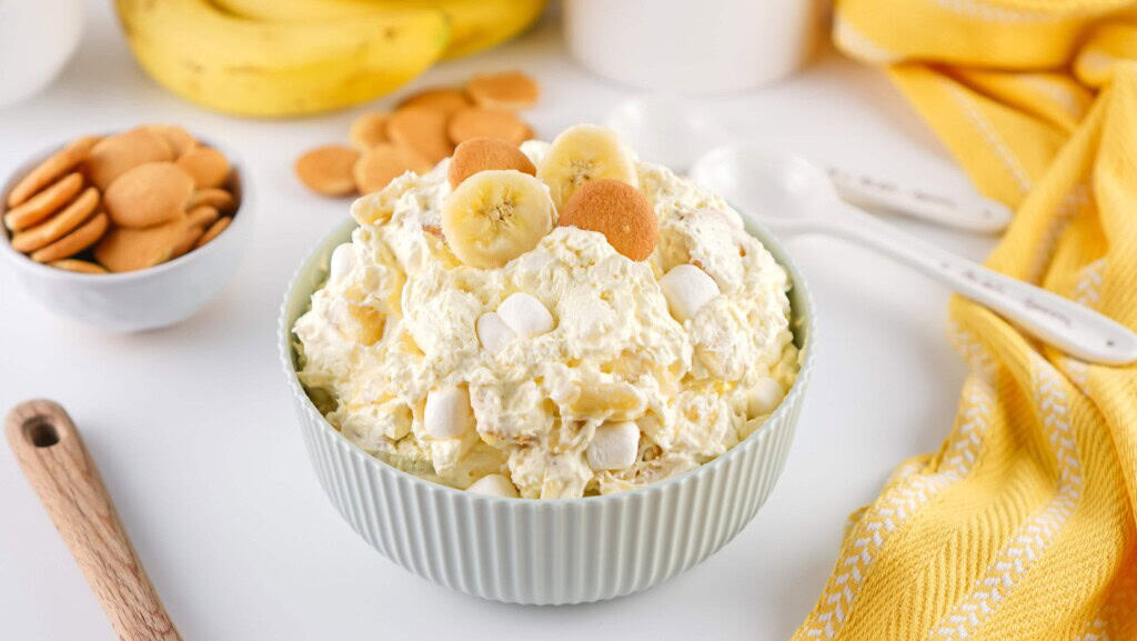 Banana Fluff Pudding in a gray bowl.