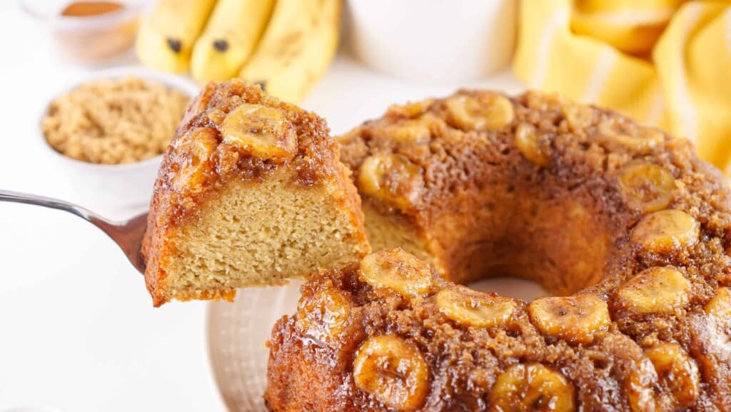 Slice of cake out of banana cake.