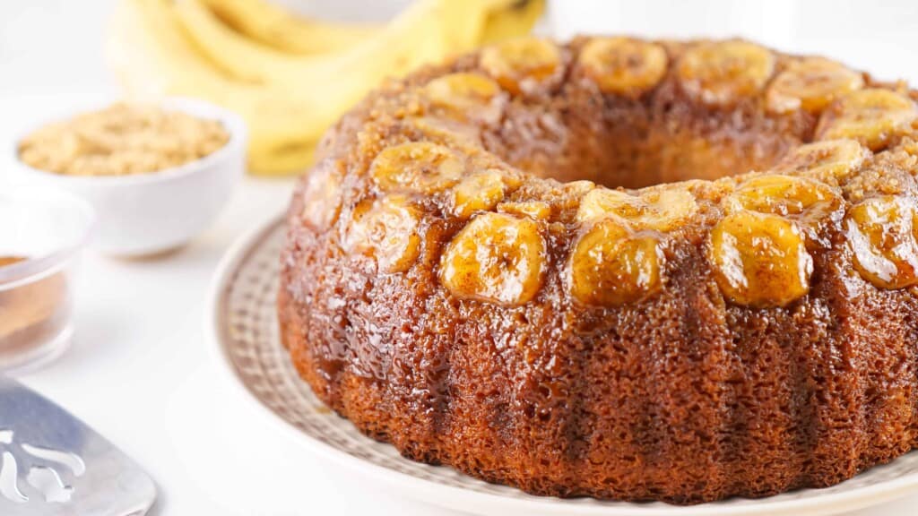 Close-up of Upside Dow Banana Cake.