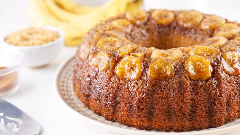 Close-up of Upside Dow Banana Cake.