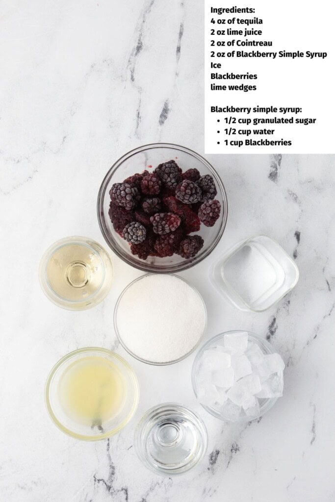 Overhead view of Blackberry Margarita Ingredients.