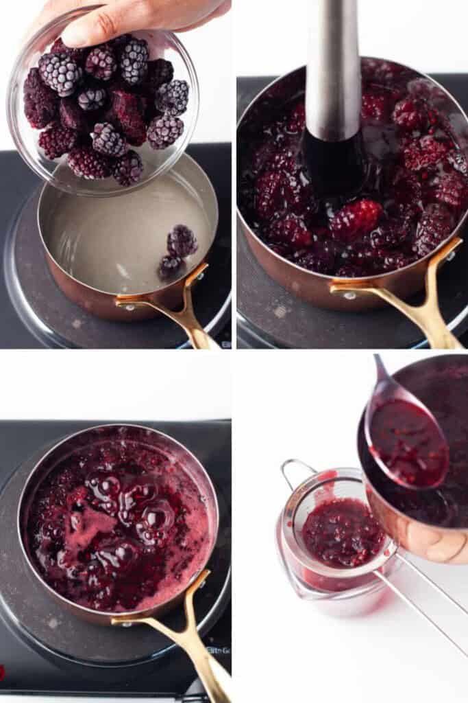 Overhead view blackberry simple syrup steps.