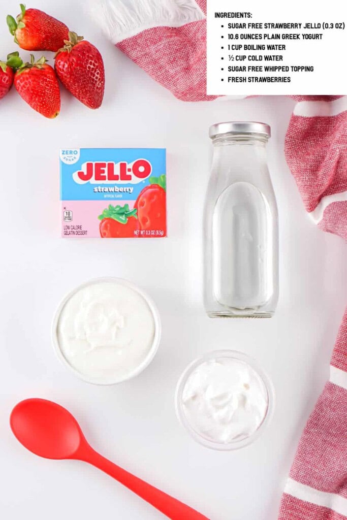 Overhead view of ingredients for strawberry fluffy jello.