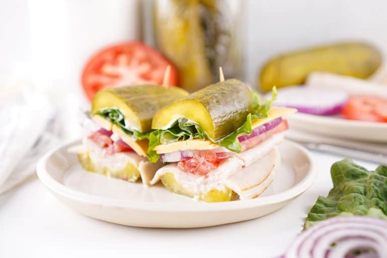 pickle sandwich cut in half.