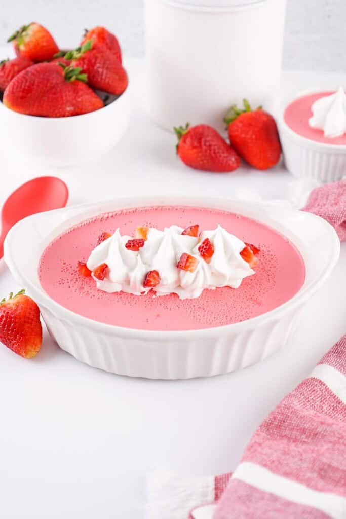  Overhead view of strawberry Greek yogurt protein fluff in a serving bowl