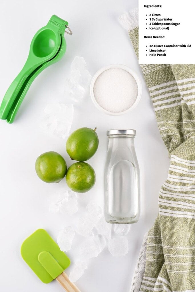 Overhead view on limeade ingredients.
