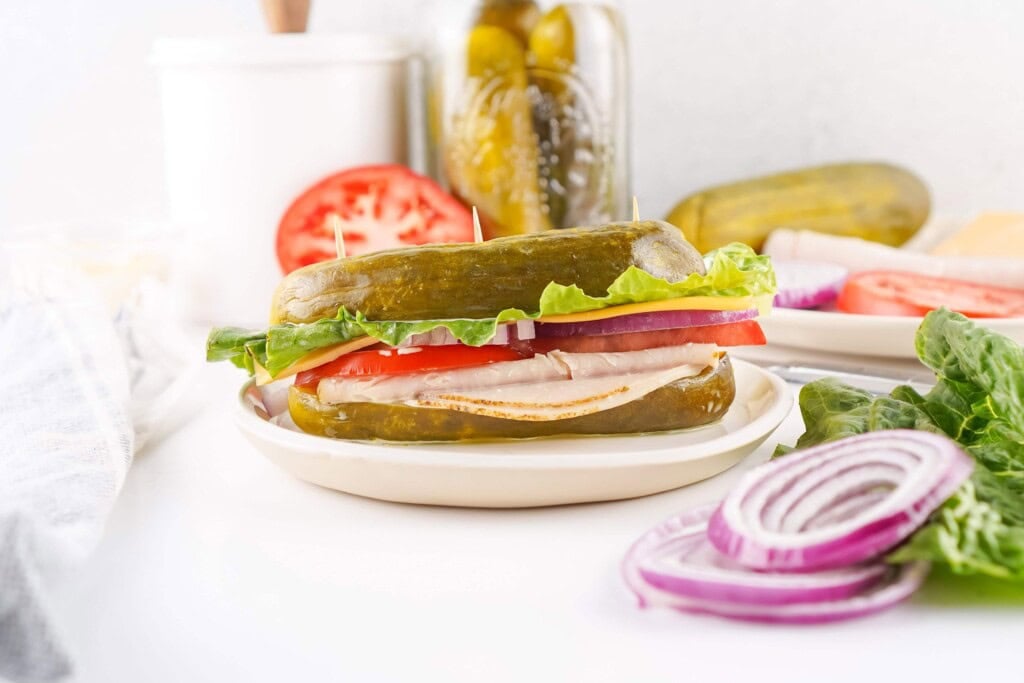 Headon view of picklewich sandwich.