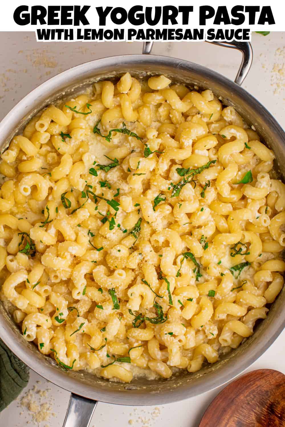 Overhead view of Greek Yogurt Pasta in an Iron Clad Pan Pin.