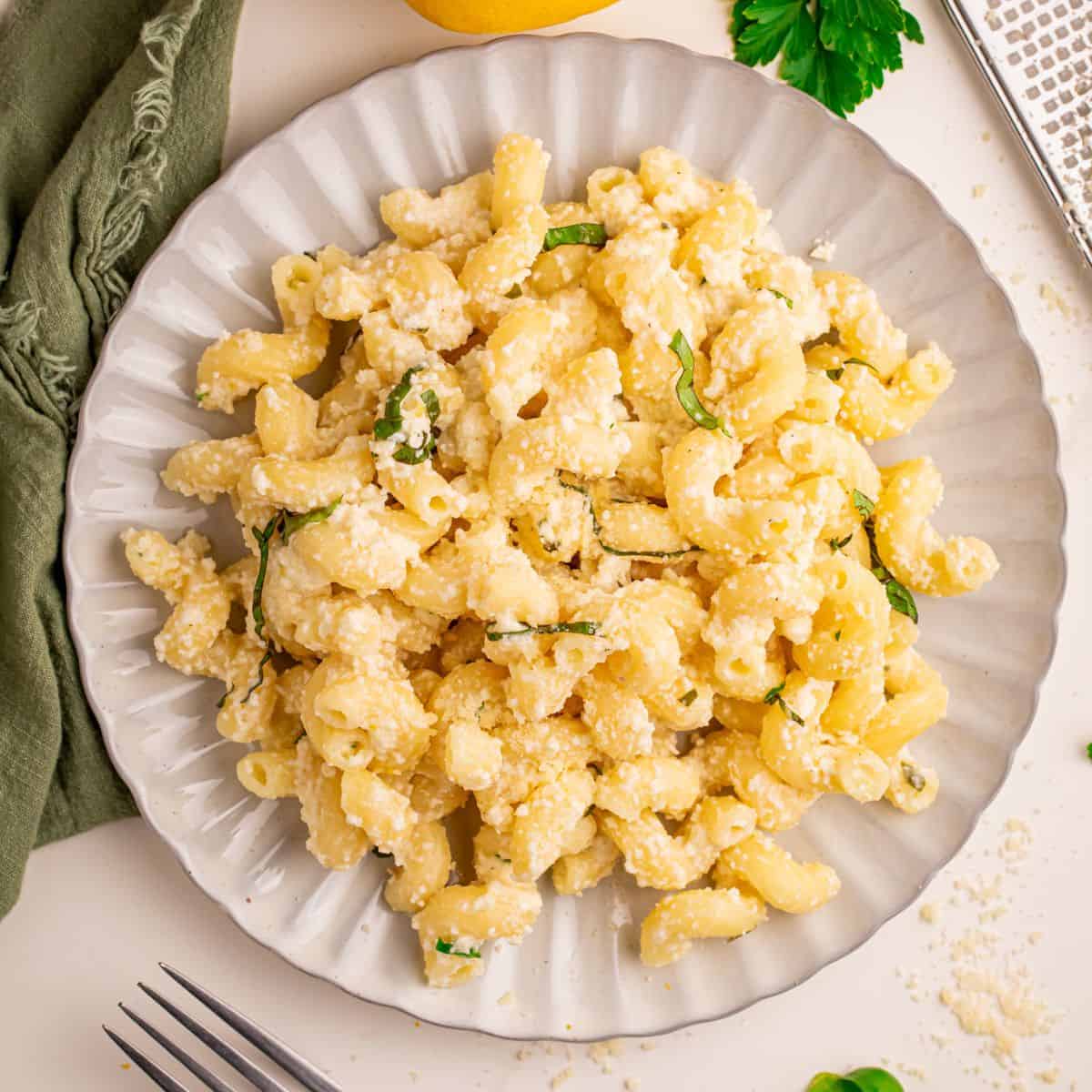 Overhead view of Greek Yogurt Pasta.