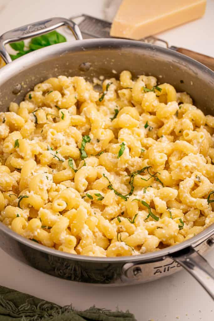 Pan of cavatappi pasta.