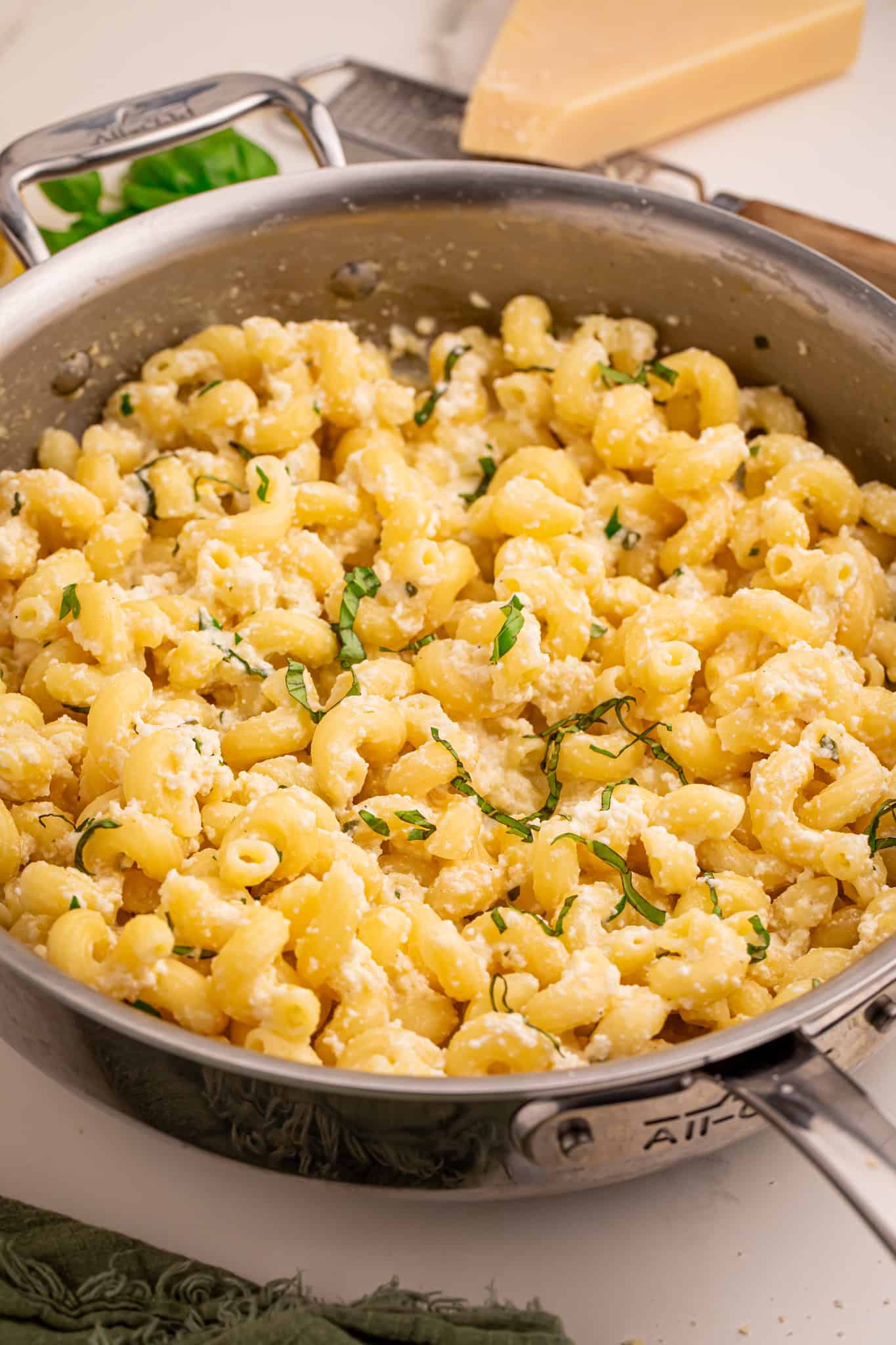 Pan of cavatappi pasta.