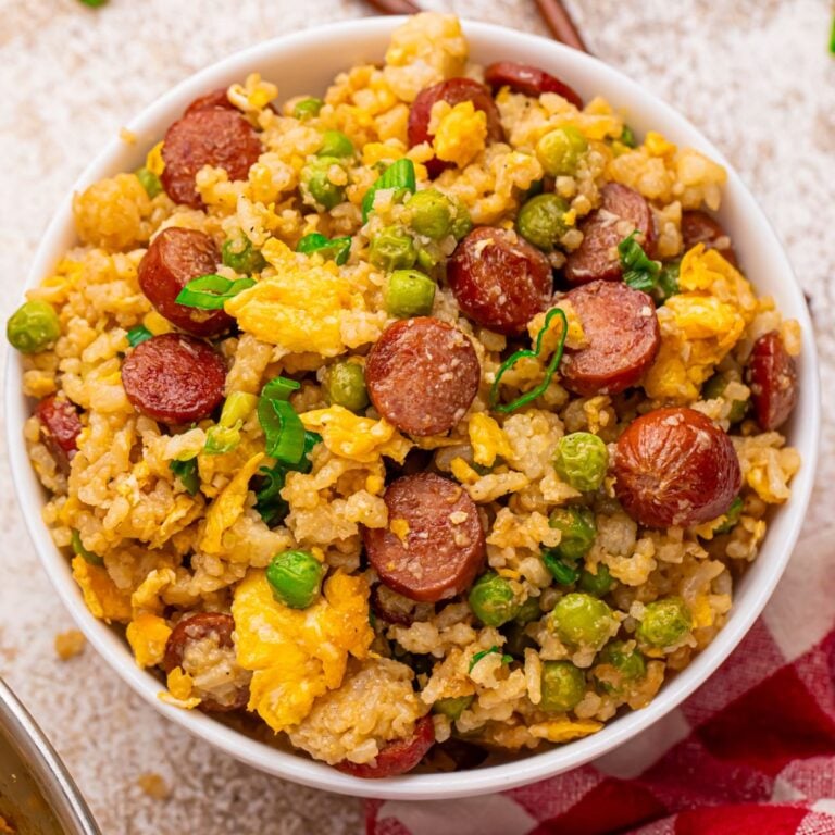 Overhead view of Hot Dog Fried Rice in a white bowl.
