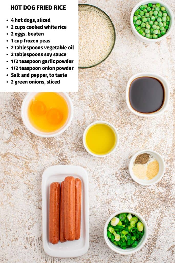 Overhead view of hot dog fried rice ingredients.