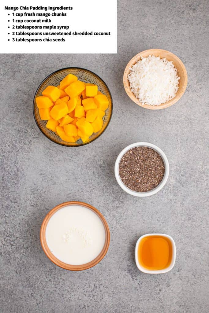 Overhead view of ingredients for Mango Chia Pudding.