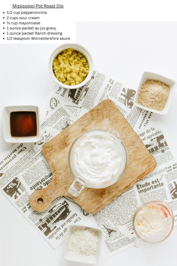 Overhead view of ingredients for Mississippi Pot Roast Dip.