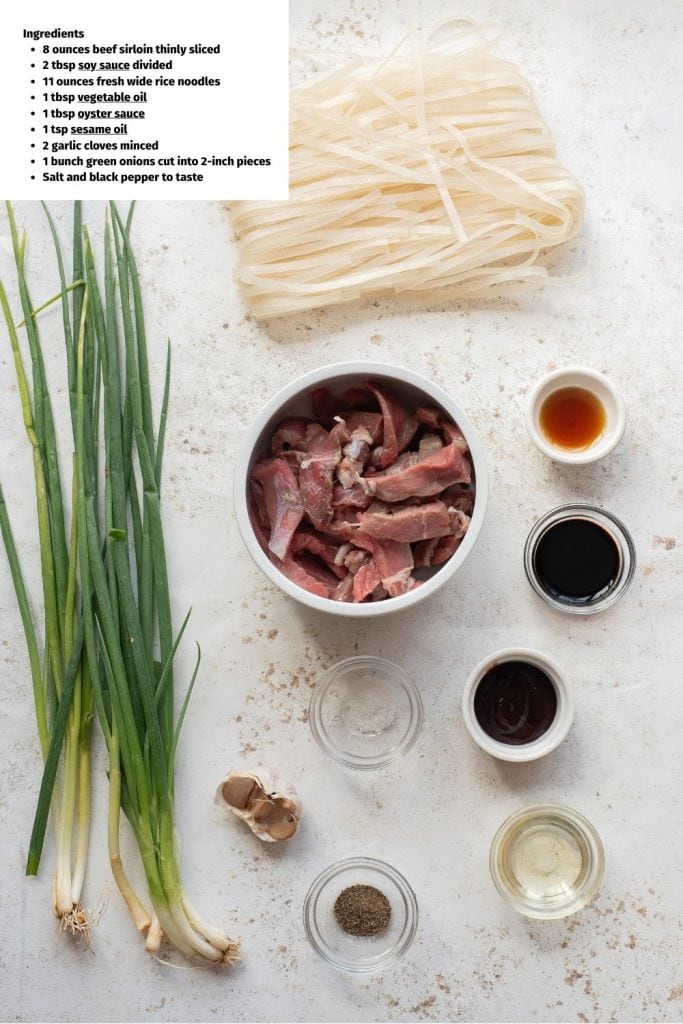 Overhead view of ingredients for Beef Chow Mein.
