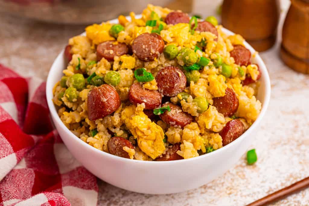 Bowl of hot dog fried rice.