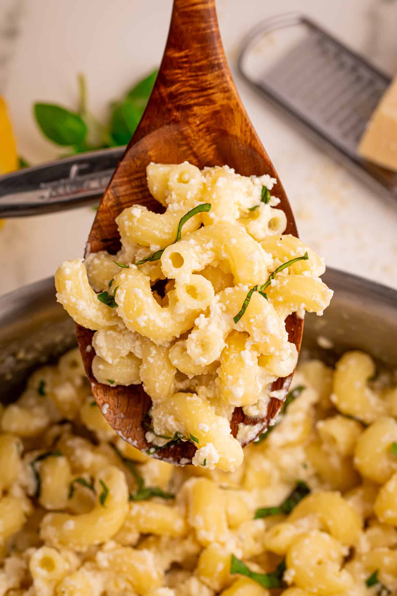 Serving spoon with Greek yogurt lemon palm pasta.