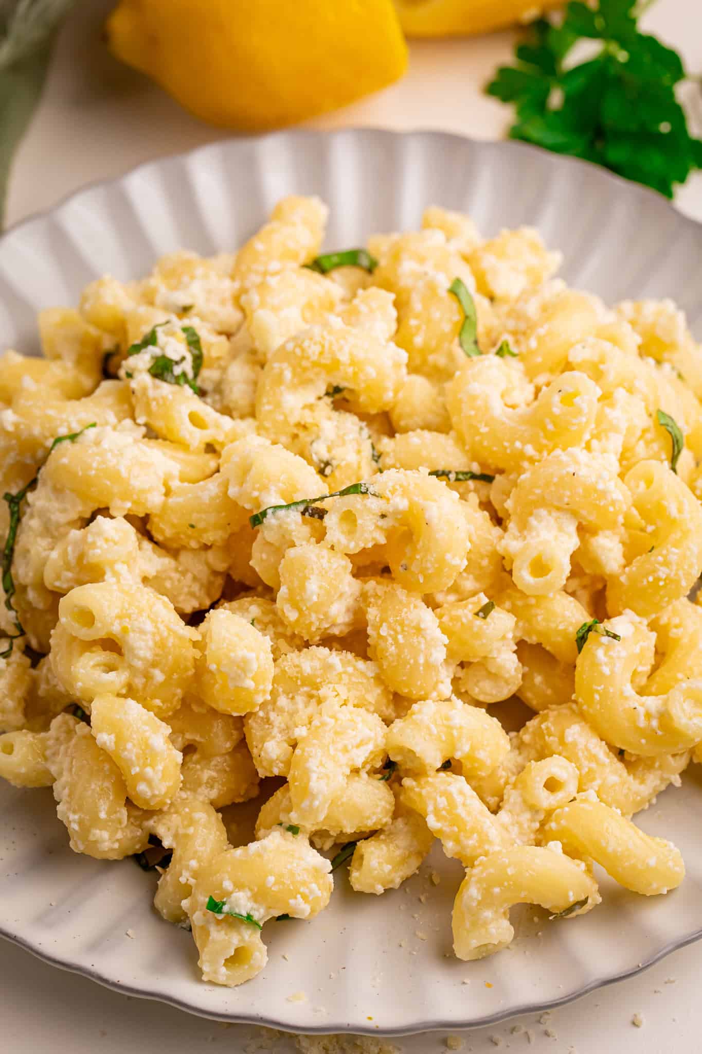 Overhead view of plate of lemon pasta with Greek yogurt sauce.