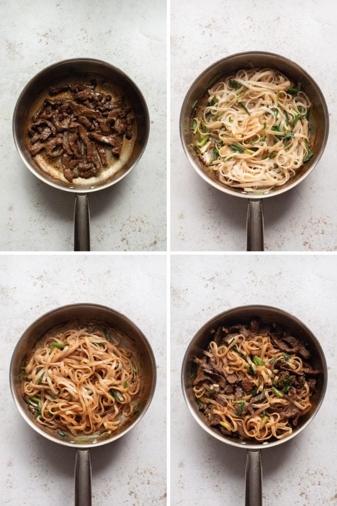 Overhead view of steps for making beef chow mein.