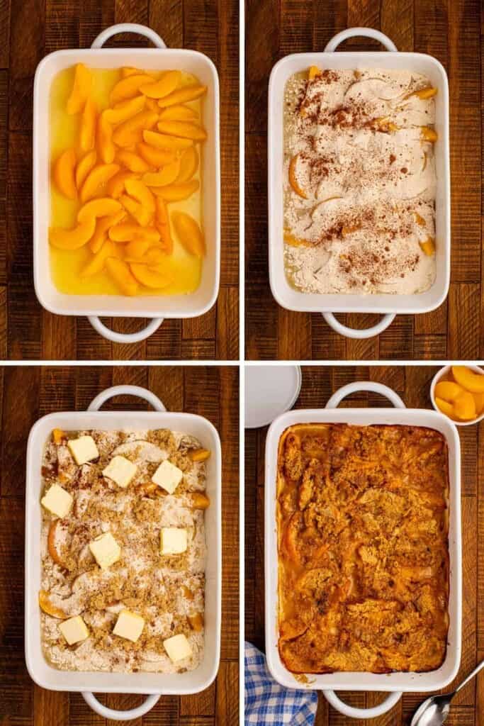 Overhead view of the four steps needed to make peach cobbler with pancake mix.