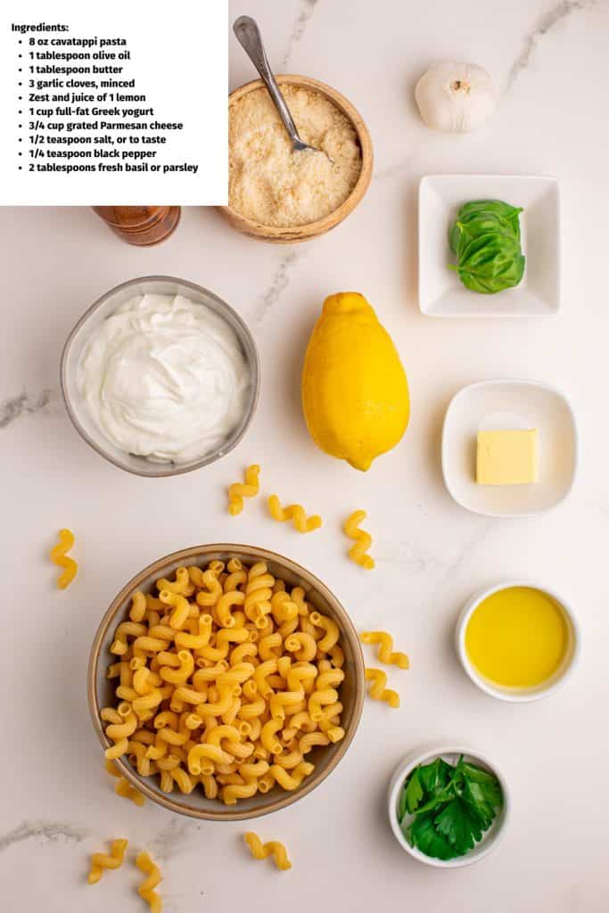 Overhead view of ingredients for Greek Yogurt Pasta with lemon palm sauce.